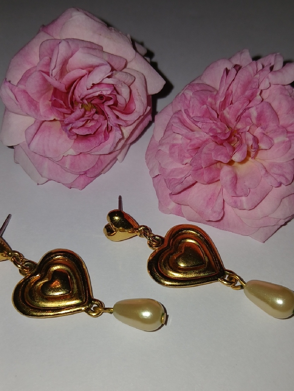 Gold Heart Drop Earrings with Pearl Teardrops - Women Jewelry